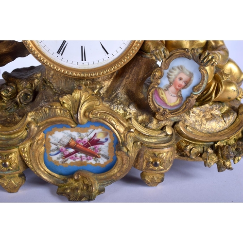 1770 - A 19TH FRENCH ORMOLU AND SEVRES PORCELAIN MANTEL CLOCK formed with cherubs amongst foliage. 34 cm x ... 