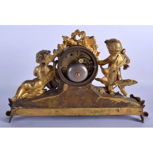 1770 - A 19TH FRENCH ORMOLU AND SEVRES PORCELAIN MANTEL CLOCK formed with cherubs amongst foliage. 34 cm x ... 