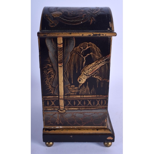 1775 - AN ANTIQUE CHINOISERIE BLACK LACQUERED MANTEL CLOCK  decorated with dragons. 22 cm x 12 cm.