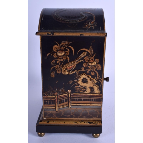 1775 - AN ANTIQUE CHINOISERIE BLACK LACQUERED MANTEL CLOCK  decorated with dragons. 22 cm x 12 cm.