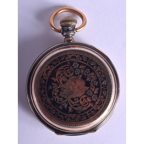 1777 - AN ANTIQUE SILVER AND GOLD FULL HUNTER NIELLO POCKET WATCH decorated with a griffin. 5.5 cm diameter... 