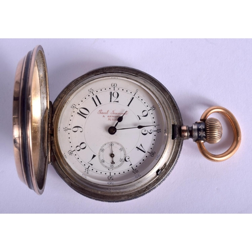 1777 - AN ANTIQUE SILVER AND GOLD FULL HUNTER NIELLO POCKET WATCH decorated with a griffin. 5.5 cm diameter... 