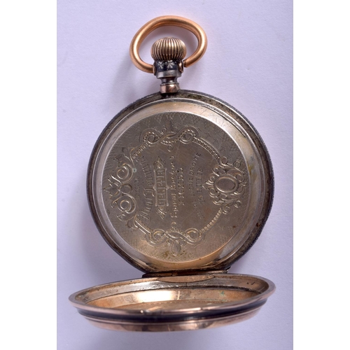 1777 - AN ANTIQUE SILVER AND GOLD FULL HUNTER NIELLO POCKET WATCH decorated with a griffin. 5.5 cm diameter... 