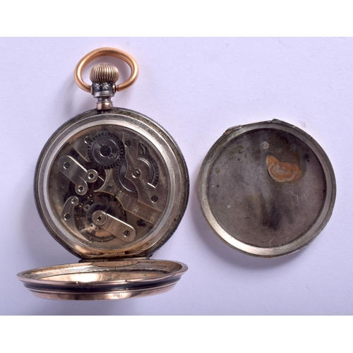 1777 - AN ANTIQUE SILVER AND GOLD FULL HUNTER NIELLO POCKET WATCH decorated with a griffin. 5.5 cm diameter... 