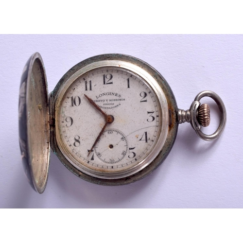 1786 - AN ANTIQUE NIELLO SILVER LONGINES POCKET WATCH. 63 grams. 3.5 cm wide.