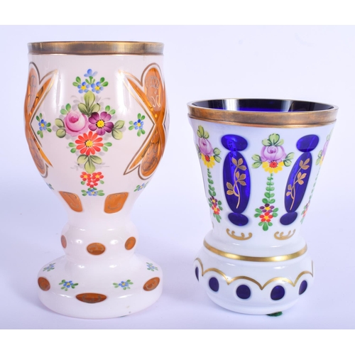 18 - TWO BOHEMIAN ENAMELLED GOBLETS decorated with flowers. Largest 17 cm high. (2)