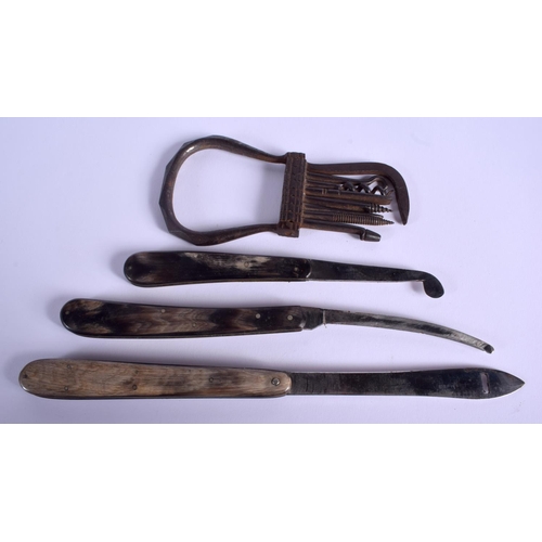 1804 - THREE VINTAGE HORN KNIVES and an unusual Steel combination tool. Largest 11 cm wide. (4)