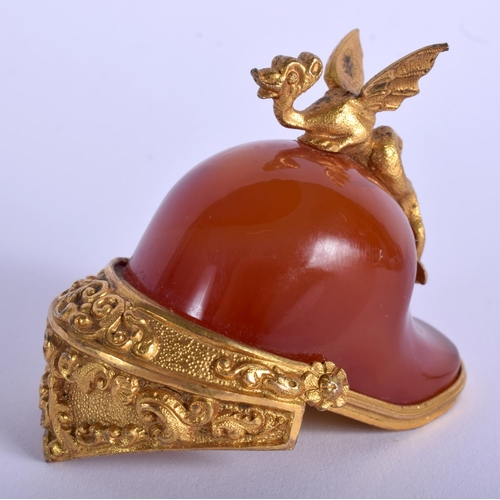 1806 - A FINE 19TH CENTURY ENGLISH ORMOLU AND AGATE HELMET probably a desk accessory, with dragon finial. 6... 