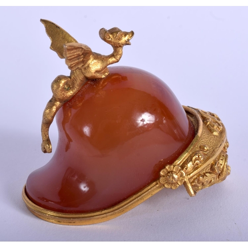 1806 - A FINE 19TH CENTURY ENGLISH ORMOLU AND AGATE HELMET probably a desk accessory, with dragon finial. 6... 