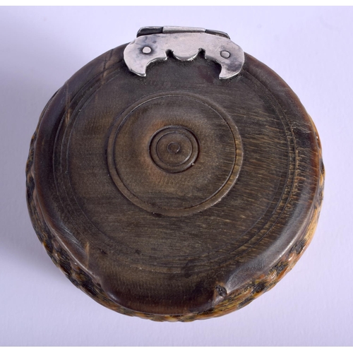 1807 - AN 18TH CENTURY CONTINENTAL RHINOCEROS HORN TOPPED SNUFF BOX with basket weave body. 5.5 cm wide.