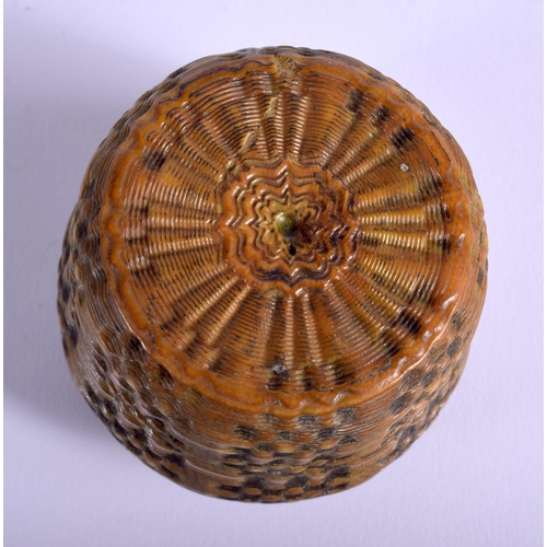 1807 - AN 18TH CENTURY CONTINENTAL RHINOCEROS HORN TOPPED SNUFF BOX with basket weave body. 5.5 cm wide.