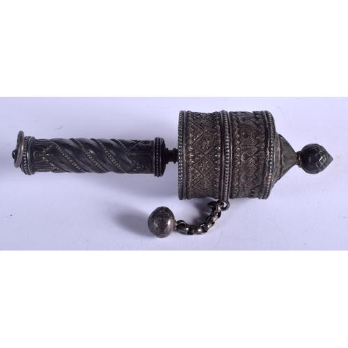 1830 - AN EARLY 20TH CENTURY MIDDLE EASTERN TIBETAN SILVER BUDDHISTIC PRAYER WHEEL. 118 grams. 14 cm long.