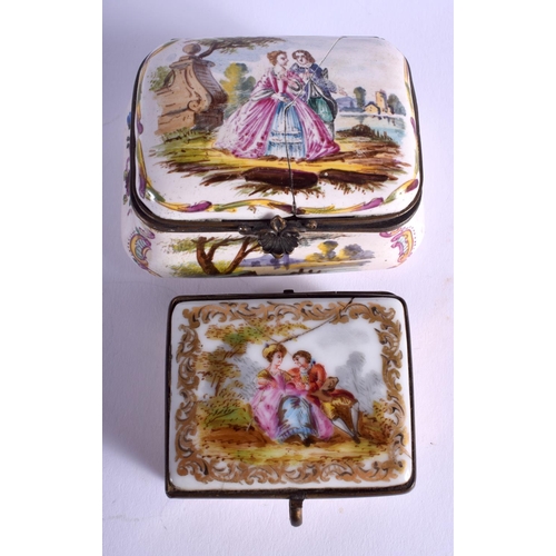 1838 - TWO ANTIQUE PILL BOXES painted with lovers. Largest 7 cm x 4.5 cm.