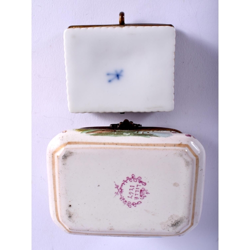 1838 - TWO ANTIQUE PILL BOXES painted with lovers. Largest 7 cm x 4.5 cm.