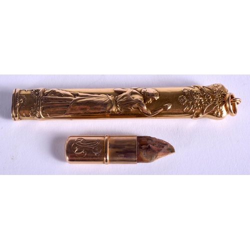 1848 - AN ANTIQUE FRENCH 14CT GOLD ETUI. 8.8 grams. 8 cm high.