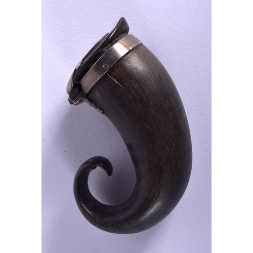 1910 - AN 18TH CENTURY SILVER MOUNTED SCOTTISH HORN SNUFF MULL. 5 cm x 4 cm.