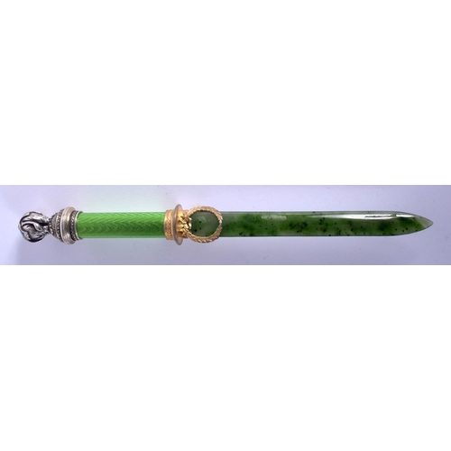 1913 - A CONTINENTAL SILVER ENAMEL AND NEPHRITE JADE PAPER KNIFE with elephant terminal. 138 grams. 24 cm l... 