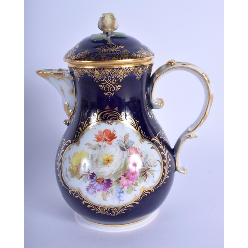 192 - Early 20th c. Meissen hot water jug and cover painted on each side with flowers in a gilt panel on a... 