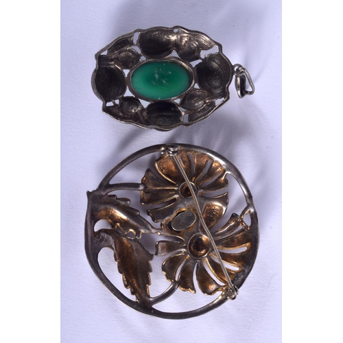 1923 - A VINTAGE STERLING SILVER SUNFLOWER BROOCH and another. 37 grams. Largest 5.5 cm wide. (2)