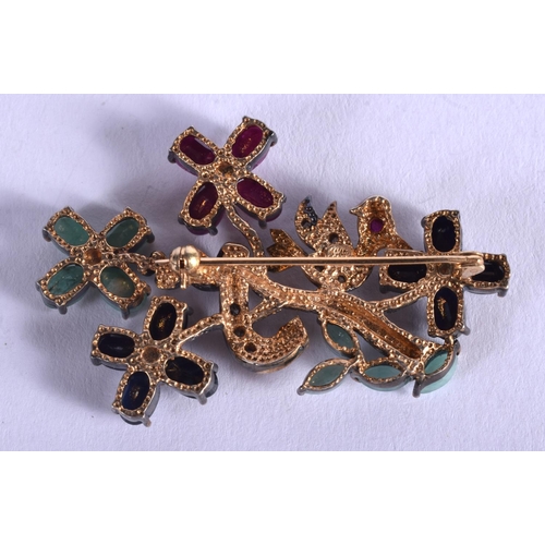 1940 - A VINTAGE SILVER GILT EMERALD AND RUBY BROOCH. 12.5 grams. 4.5 cm x 3.25 cm.