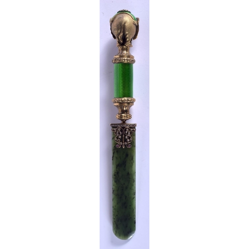 1952 - A BOXED CONTINENTAL SILVER GILT AND ENAMEL NEPHRITE JADE ELEPHANT PAPER KNIFE. 156 grams. 23 cm long... 