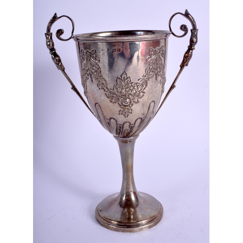 1980 - AN EDWARDIAN TWIN HANDLED SILVER COOVY TROPHY. Birmingham 1908. 169 grams. 20 cm high.