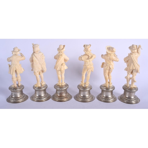 1995 - A RARE SET OF SIX 19TH CENTURY EUROPEAN DIEPPE IVORY FIGURES modelled upon silver bases. Largest 20.... 