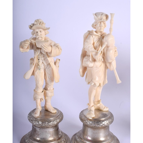 1995 - A RARE SET OF SIX 19TH CENTURY EUROPEAN DIEPPE IVORY FIGURES modelled upon silver bases. Largest 20.... 