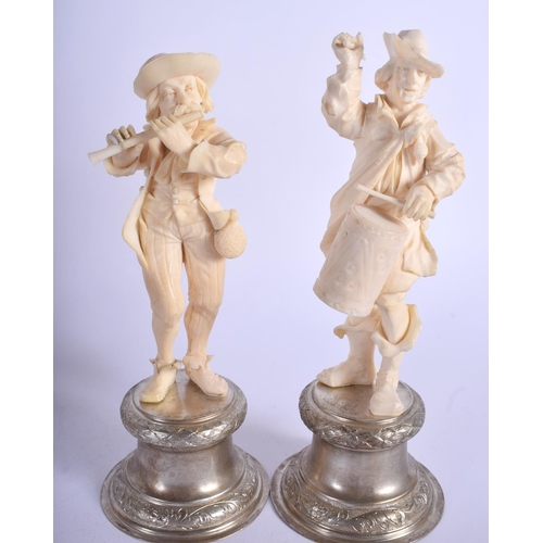 1995 - A RARE SET OF SIX 19TH CENTURY EUROPEAN DIEPPE IVORY FIGURES modelled upon silver bases. Largest 20.... 