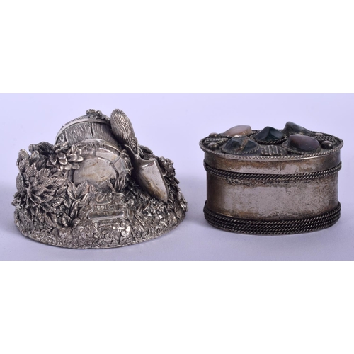 2002 - A 1990S ENGLISH SILVER COUNTRY ARTIST GROUP OF RABBITS together with a white metal jewelled box. Lar... 