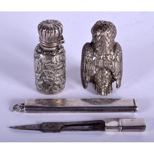 2009 - A RARE ENGLISH SILVER OWL PEPPER POT together with two 1920s Birmingham silver items. 76 grams. (3)