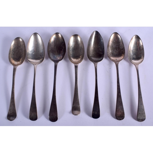 2011 - SIX 18TH/19TH CENTURY ENGLISH SILVER SPOONS together with a plated spoon, assorted dates. 365 grams.... 