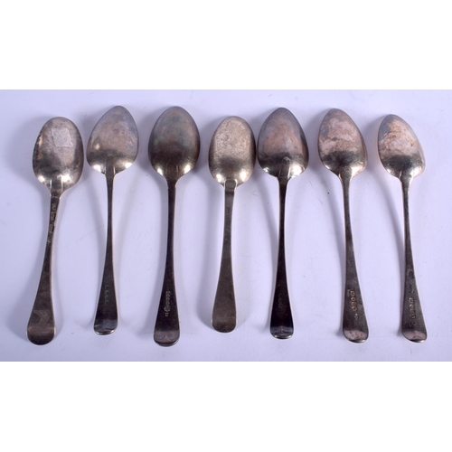 2011 - SIX 18TH/19TH CENTURY ENGLISH SILVER SPOONS together with a plated spoon, assorted dates. 365 grams.... 