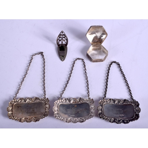 2013 - THREE SILVER DECANTER LABELS together with a silver pill box & a pin. 85 grams. (5)