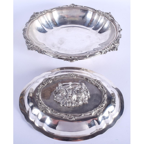 2019 - AN ANTIQUE SILVER PLATED TUREEN AND COVER. 30 cm wide.