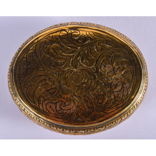 2024 - AN 18TH/19TH CENTURY INDIAN BRASS BUDDHISTIC SNUFF BOX. 7 cm x 5.25 cm.