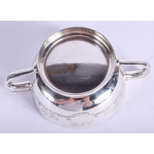 2029 - AN ART DECO TWIN HANDLED SILVER SUGAR BOWL. Birmingham 1917. 265 grams. 15 cm wide.