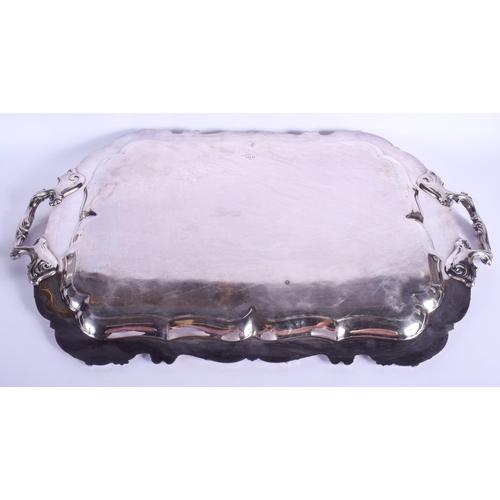 2035 - A LARGE AMERICAN GORHAM SILVER MOUNTED TWIN HANDLED TRAY with central monogram. 70 cm x 42 cm.