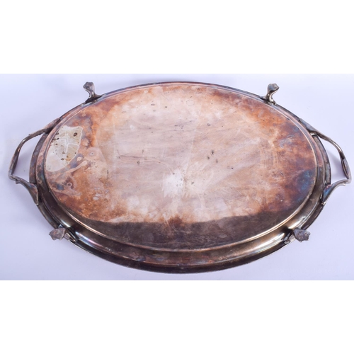 2036 - AN ANTIQUE OLD SHEFFIELD PLATED TWIN HANDLED TRAY with central armorial. 50 cm x 32 cm.