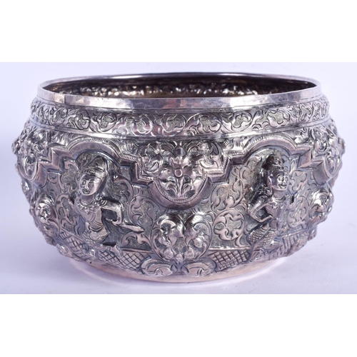 2039 - AN ANTIQUE MIDDLE EASTERN ASIAN SILVER BUDDHISTIC BOWL. 299 grams. 16 cm wide.