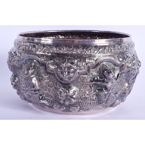 2039 - AN ANTIQUE MIDDLE EASTERN ASIAN SILVER BUDDHISTIC BOWL. 299 grams. 16 cm wide.