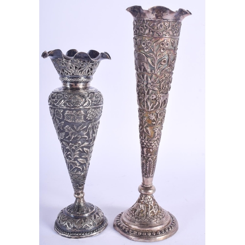 2044 - TWO ANTIQUE INDIAN SILVER VASES. 825 grams weighted. Largest 25 cm high. (2)