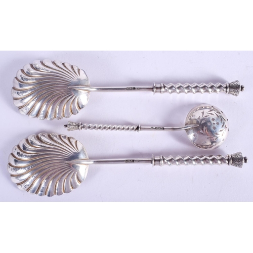 2046 - A CASED SET OF 19TH CENTURY SILVER SERVING SPOONS. Sheffield 1892. 187 grams. (3)