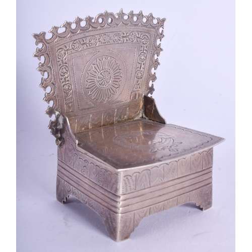 2053 - A RARE ANTIQUE CONTINENTAL SILVER SALT BOX in the form of a chair. 95 grams. 8 cm x 6.5 cm.