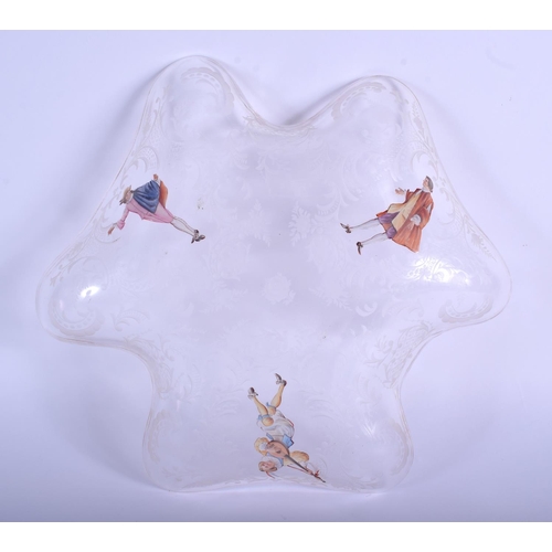 21 - A LOVELY EARLY 20TH CENTURY NORTHERN EUROPEAN GLASS DISH enamelled with figures. 27 cm wide.