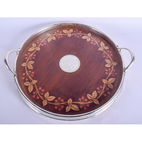 2105 - A CHARMING VINTAGE SILVER MOUNTED INLAID WOODEN TRAY. 32 cm wide.