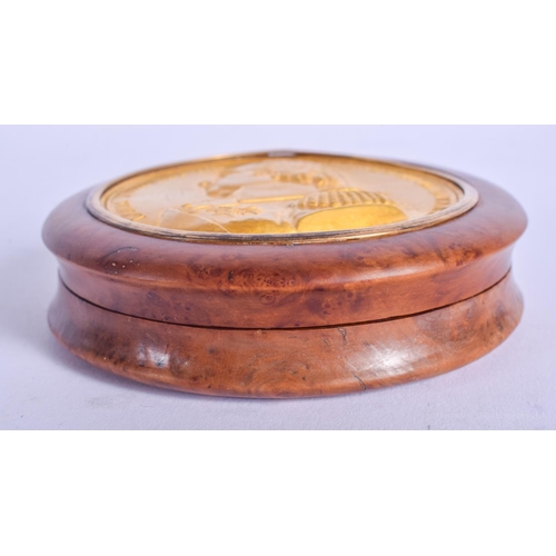 2116 - AN EARLY 19TH CENTURY FRENCH GOLD TORTOISESHELL AND WOOD SNUFF BOX. 8.5 cm diameter.