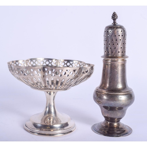 2122 - AN ANTIQUE SUGAR SIFTER and a silver bon bon dish. 140 grams. (2)