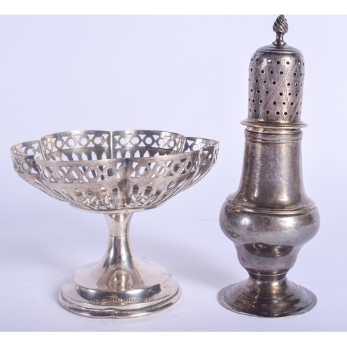 2122 - AN ANTIQUE SUGAR SIFTER and a silver bon bon dish. 140 grams. (2)