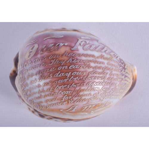 2132 - A RARE ANTIQUE LORDS PRAYER CONCH SHELL. 8.5 cm x 5.5 cm.